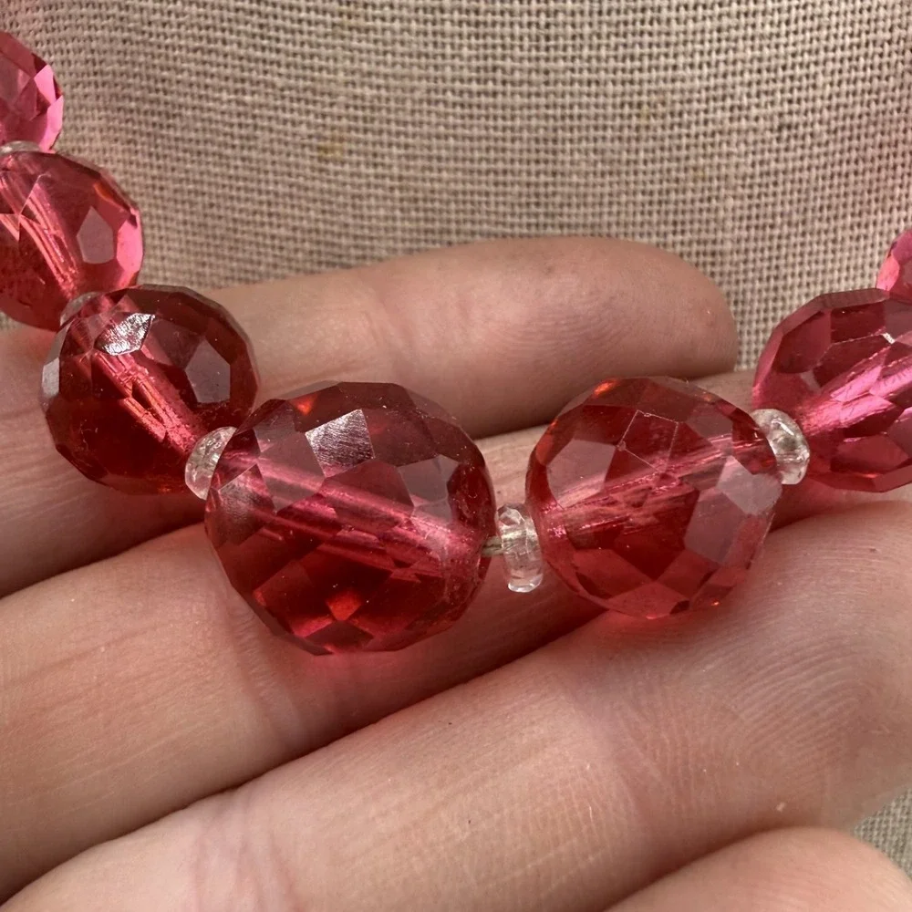 Vintage Glass Beaded Necklace Pink Faceted‎  16
